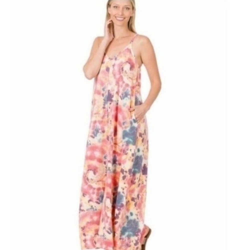 Zenana Cami Spaghetti Strap Tie-Dye Watercolor Pink And Blue Maxi Dress Size M